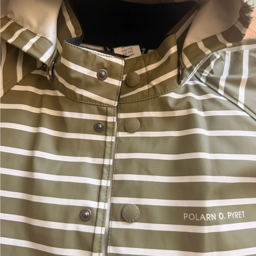 Polarn O. Pyret Olive Green and White Striped Rain Set - Picture 4 of 6